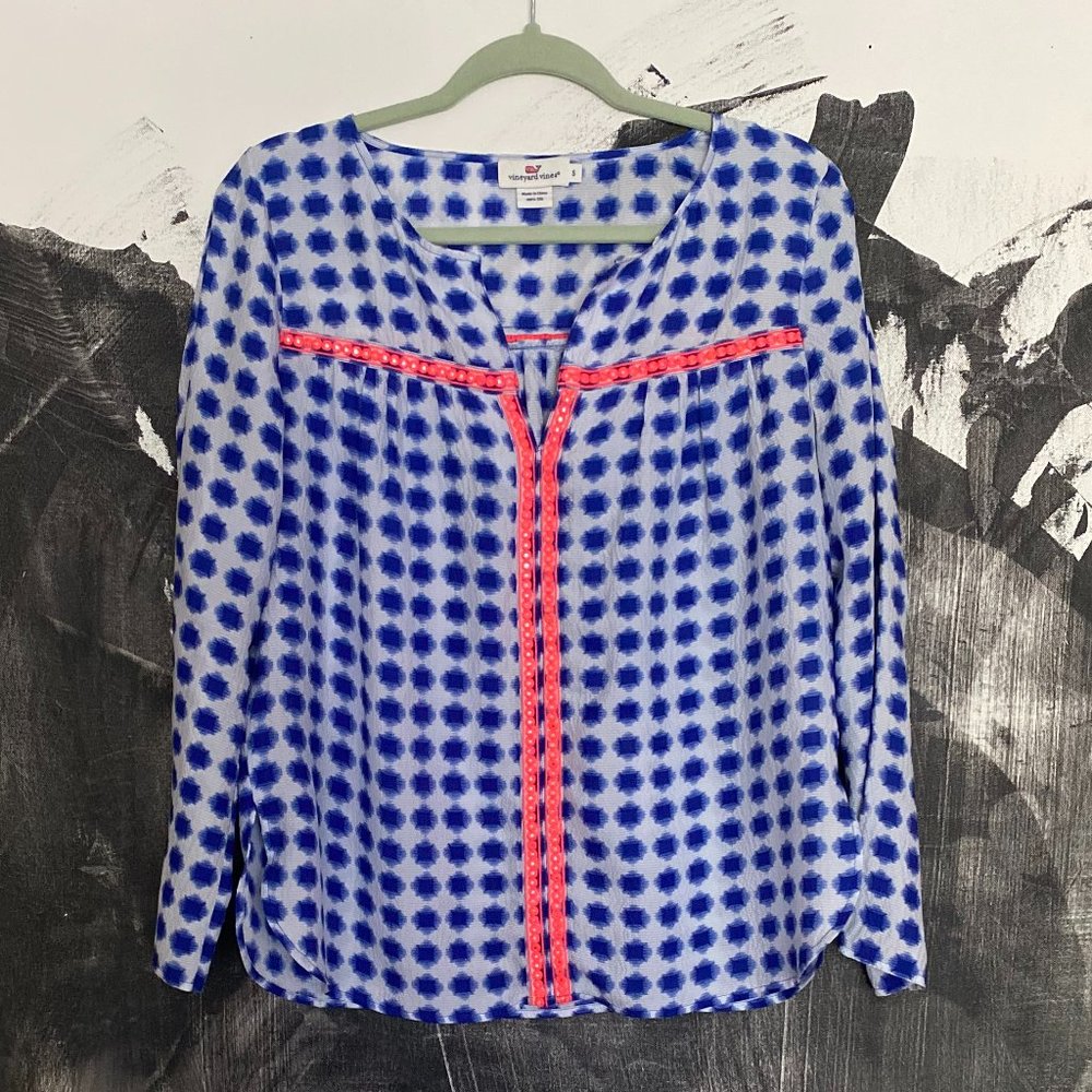 Vineyard Vines | Silk Blouse | Blue and Orange | Size Small